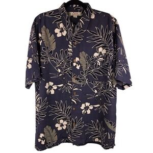 Tommy Bahama Men's 100% Silk Hawaiian Shirt Medium Blue Hibiscus Pineapple Beach